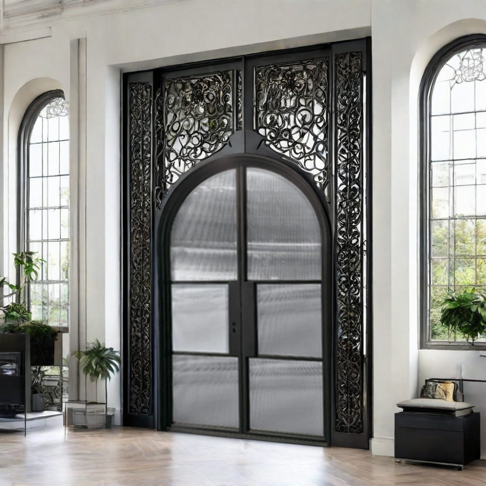 Powder Coated Wrought Iron French Steel Patio Doors with Thinner Jamb and Arch Top Security Style