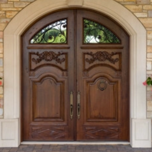 Ornamental square top eyebrow glass wrought iron double entry door in wooden color finished