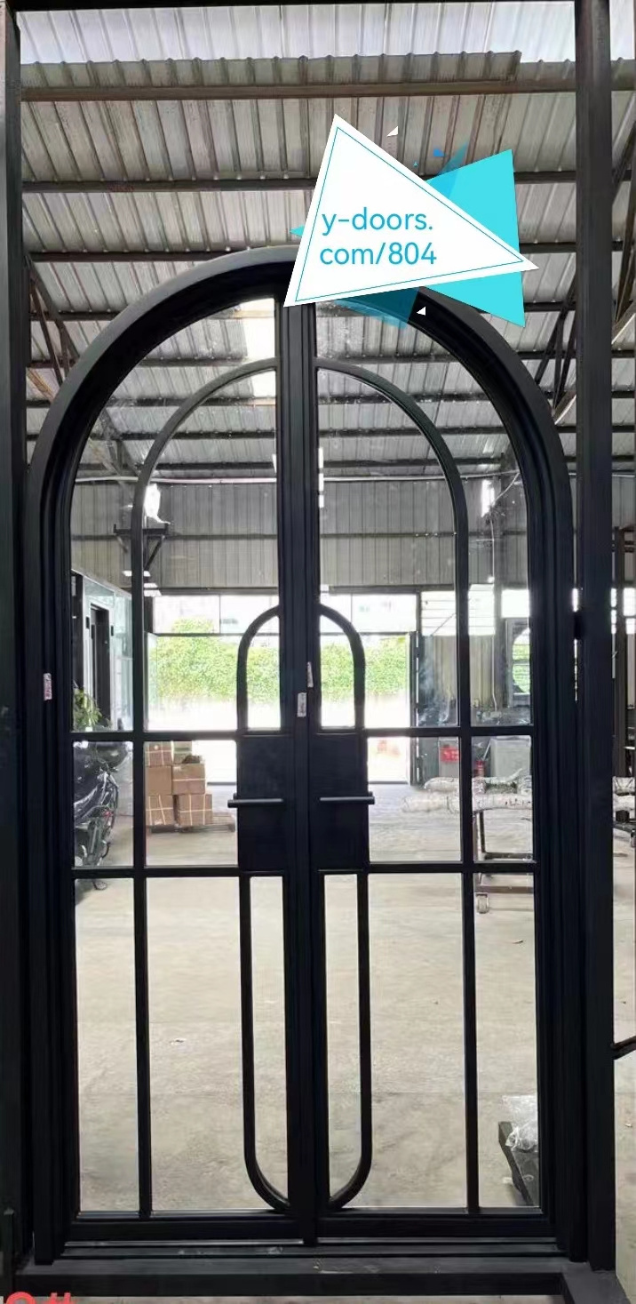 Durable and Popular Arches Iron Entry Doors with Glass Manual Opening