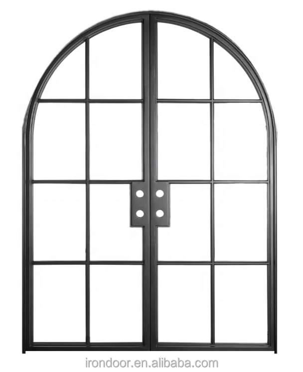 Powder Coated Wrought Iron French Steel Patio Doors with Thinner Jamb and Arch Top Security Style