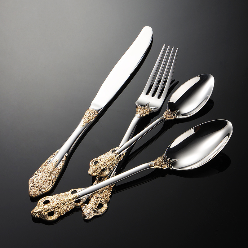 Wholesale Royal Palace Flatware Knife Fork Spoon Hammered Silverware Restaurant Wedding Stainless Steel Cutlery Set Gold 1019047