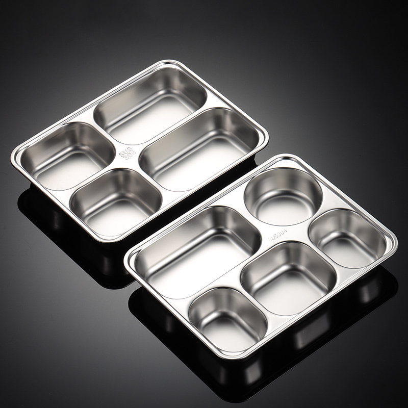 Rectangle 3 4 5 Compartments Fast Food Serving Tray 304 Stainless Steel Bento Lunch Plate 3013001