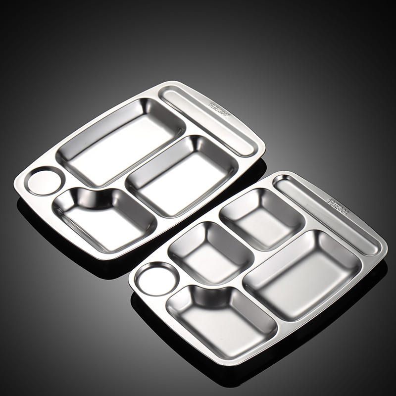 Rectangle 3 4 5 Compartments Fast Food Serving Tray 304 Stainless Steel Bento Lunch Plate 3013001