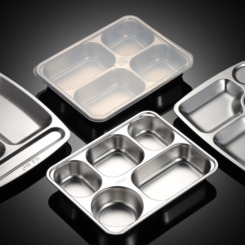 Rectangle 3 4 5 Compartments Fast Food Serving Tray 304 Stainless Steel Bento Lunch Plate 3013001