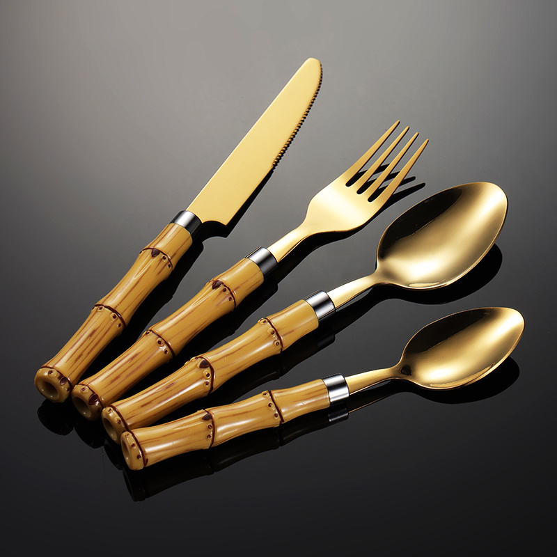 Hot Selling Eco-Friendly Flatware Set Real Bamboo Handle Fruit Fork Spoon Knife Stainless Steel Cutlery Set 1058001