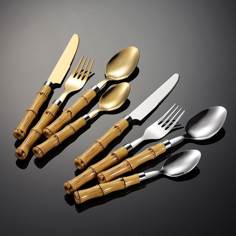 Hot Selling Eco-Friendly Flatware Set Real Bamboo Handle Fruit Fork Spoon Knife Stainless Steel Cutlery Set 1058001