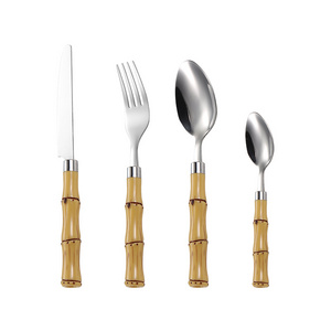 Hot Selling Eco-Friendly Flatware Set Real Bamboo Handle Fruit Fork Spoon Knife Stainless Steel Cutlery Set 1058001