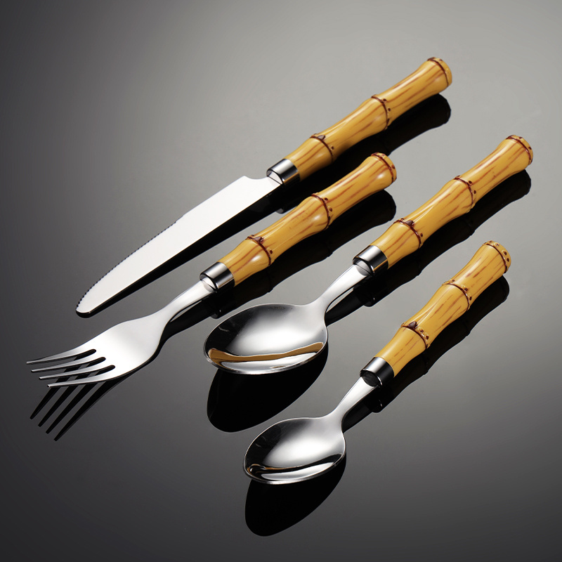 Hot Selling Eco-Friendly Flatware Set Real Bamboo Handle Fruit Fork Spoon Knife Stainless Steel Cutlery Set 1058001