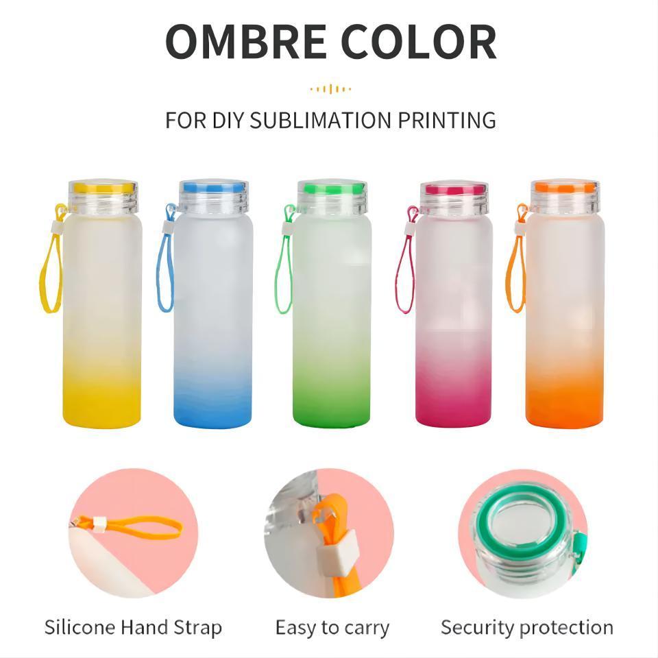 USA warehouse glass 17oz sublimation blank mixed Color Frosted Gradient Glass Water bottle tumbler with plasticlid