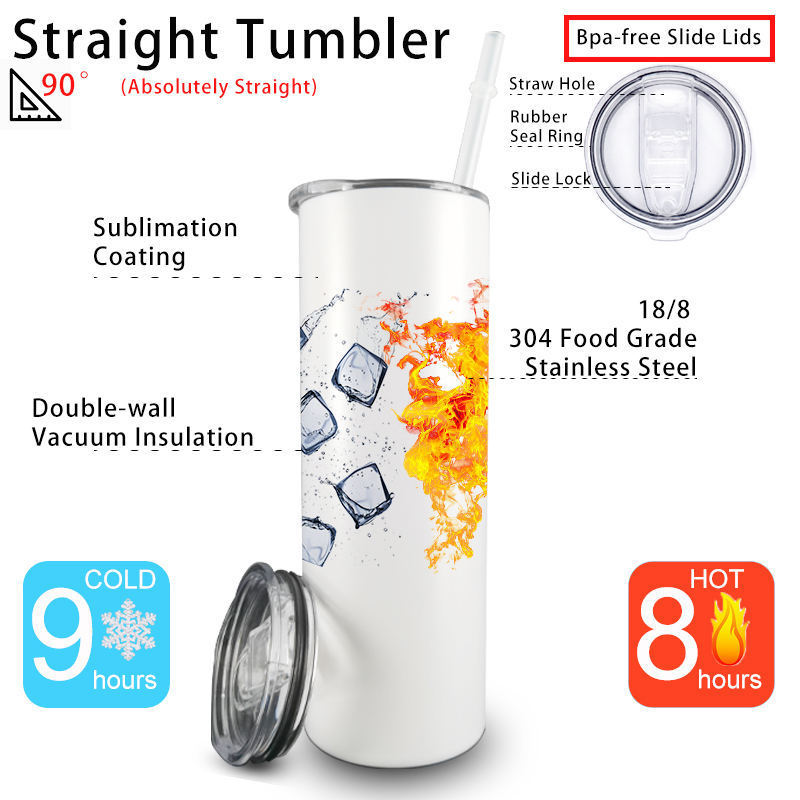 USA 2 Days Delivery 20OZ Sublimation Blanks20oz Sublimation Blanks Stainless Steel Tumblers Cups with Straw and Rubber Bottom