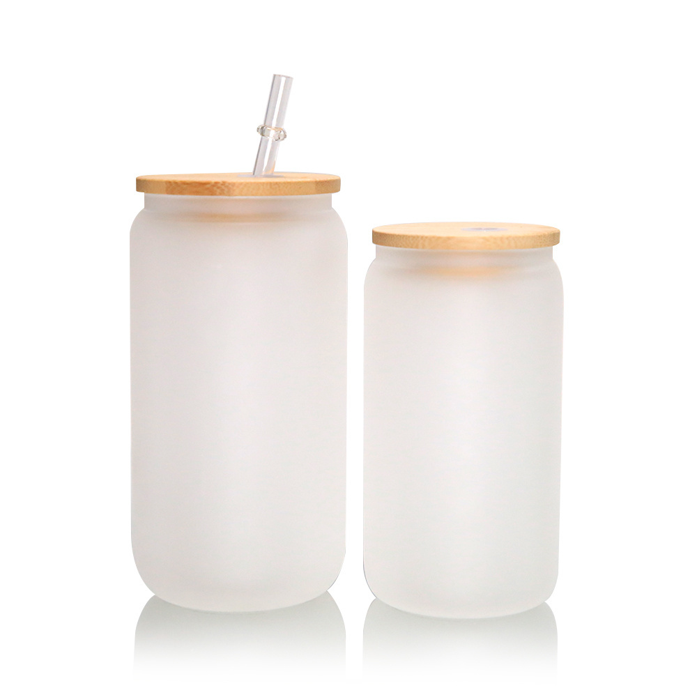 new arrival 12oz 16oz blank sublimation Beer Shaped Glass soda can with bamboo lid and clear plastic straw