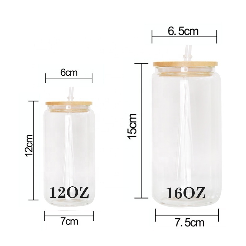 new arrival 12oz 16oz blank sublimation Beer Shaped Glass soda can with bamboo lid and clear plastic straw