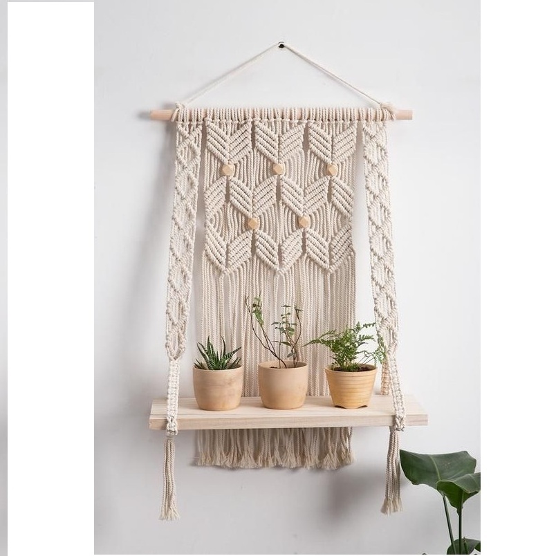 Buy Hand Woven Macrame Wall hanging Decor Shelf 2-Tier Floating Shelves Storage Rack For Entryway Living Room Bedroom