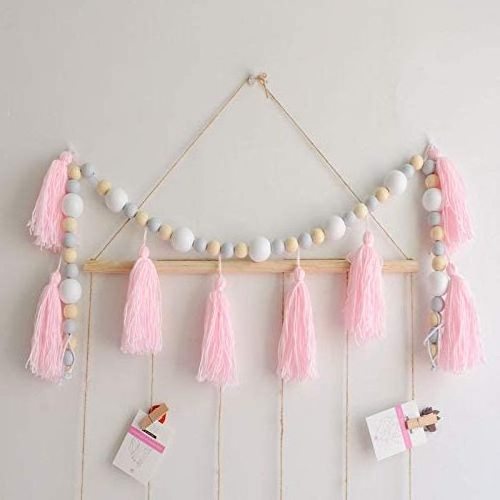 Home Party Wood Bead Garland with Tassels Boho Macrame Wall Hanging Decor Pastel Tassel Home Restaurant Hotel Decoration