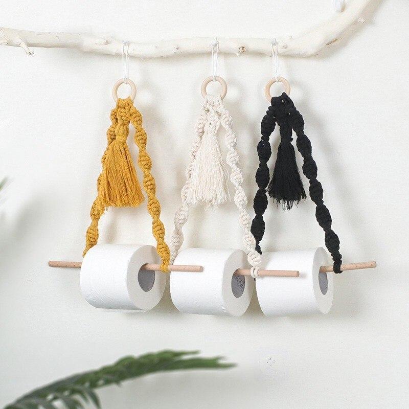 Toilet Paper Holder Towel Dispenser Macrame Wall Hanging Boho Decor Wall Mount Use for Kitchen Bathroom