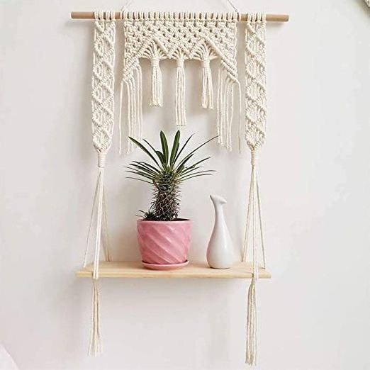 Buy Hand Woven Macrame Wall hanging Decor Shelf 2-Tier Floating Shelves Storage Rack For Entryway Living Room Bedroom