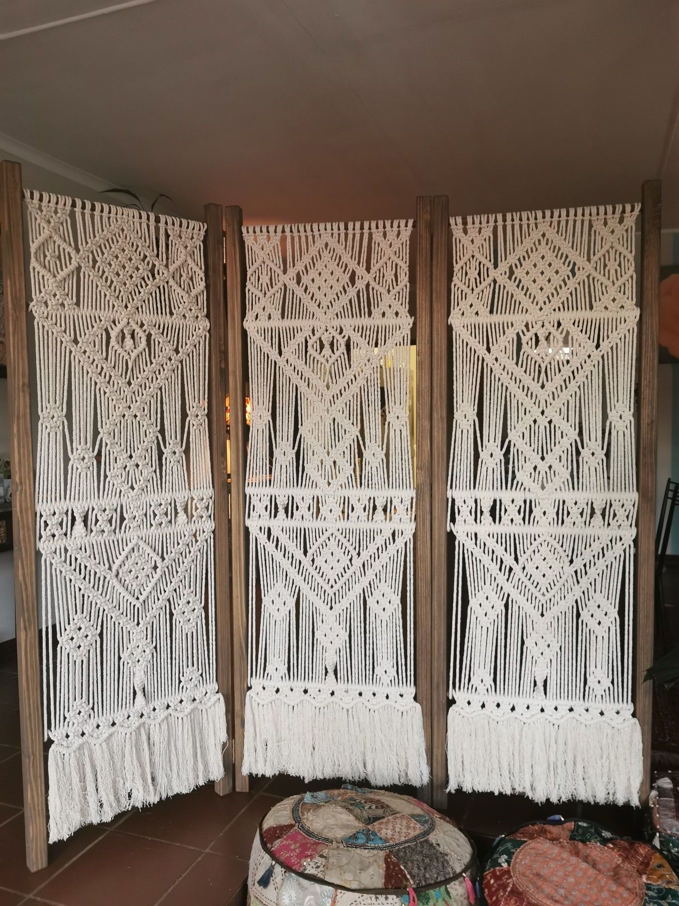 Macrame Room Divider Made by  Cotton Cord and Wooden Frame Used for Home Decor and Room Decoration