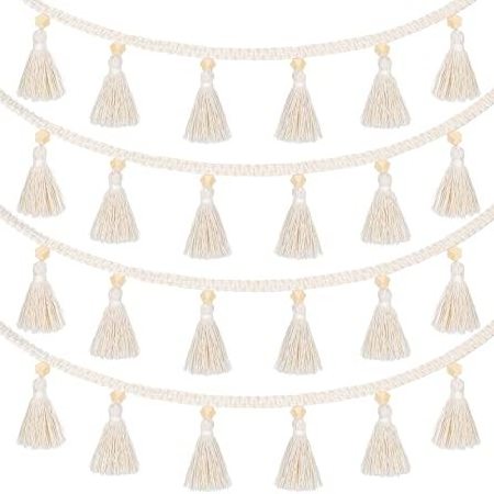 Home Party Wood Bead Garland with Tassels Boho Macrame Wall Hanging Decor Pastel Tassel Home Restaurant Hotel Decoration