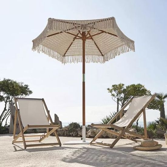 Outdoor Macrame Beach Umbrella Made by  Handmade Cotton Cord with Wooden Frame Used for Hotel and Beach