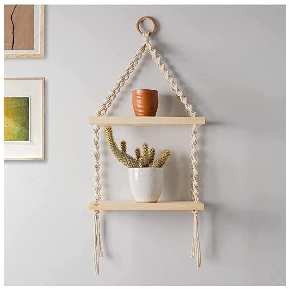 Buy Hand Woven Macrame Wall hanging Decor Shelf 2-Tier Floating Shelves Storage Rack For Entryway Living Room Bedroom