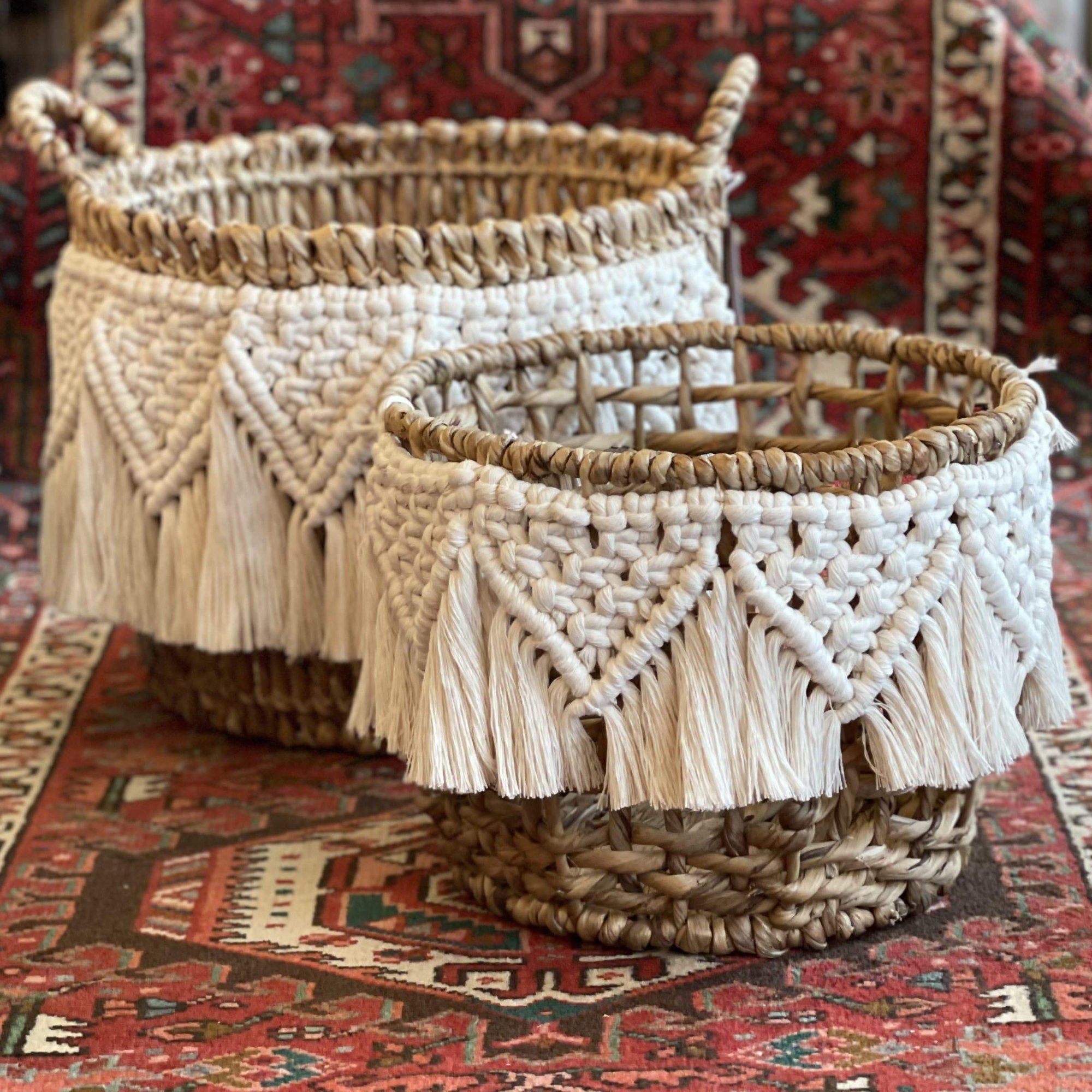 Macrame Decorative Cotton Rope Basket Boho Cute Woven Tassel Closet Storage Bins Organizer for Nursery Baby Toys Blankets