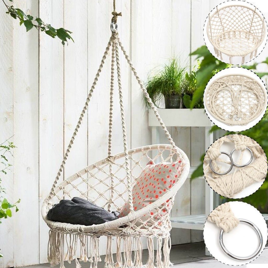 New Stylish White Macrame Tassel Swing Chair Cotton Hanging Rope Handmade Macrame Swing Chair Boho Decor