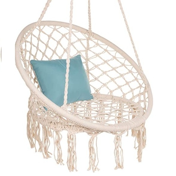 Direct Sale Handmade Cotton Fabric Metal Frame Round Shape Macrame Hammock Chair Swing For Outdoor Indoor Decoration Langue Deco