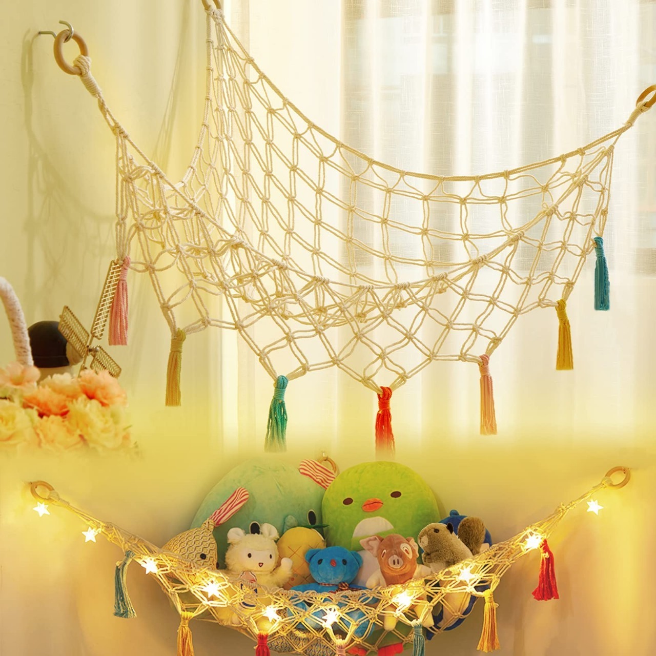 Large Macrame Wall Hanging Toy Hammock For Stuffed Animals Hand Woven Net Storage Toy Hammock