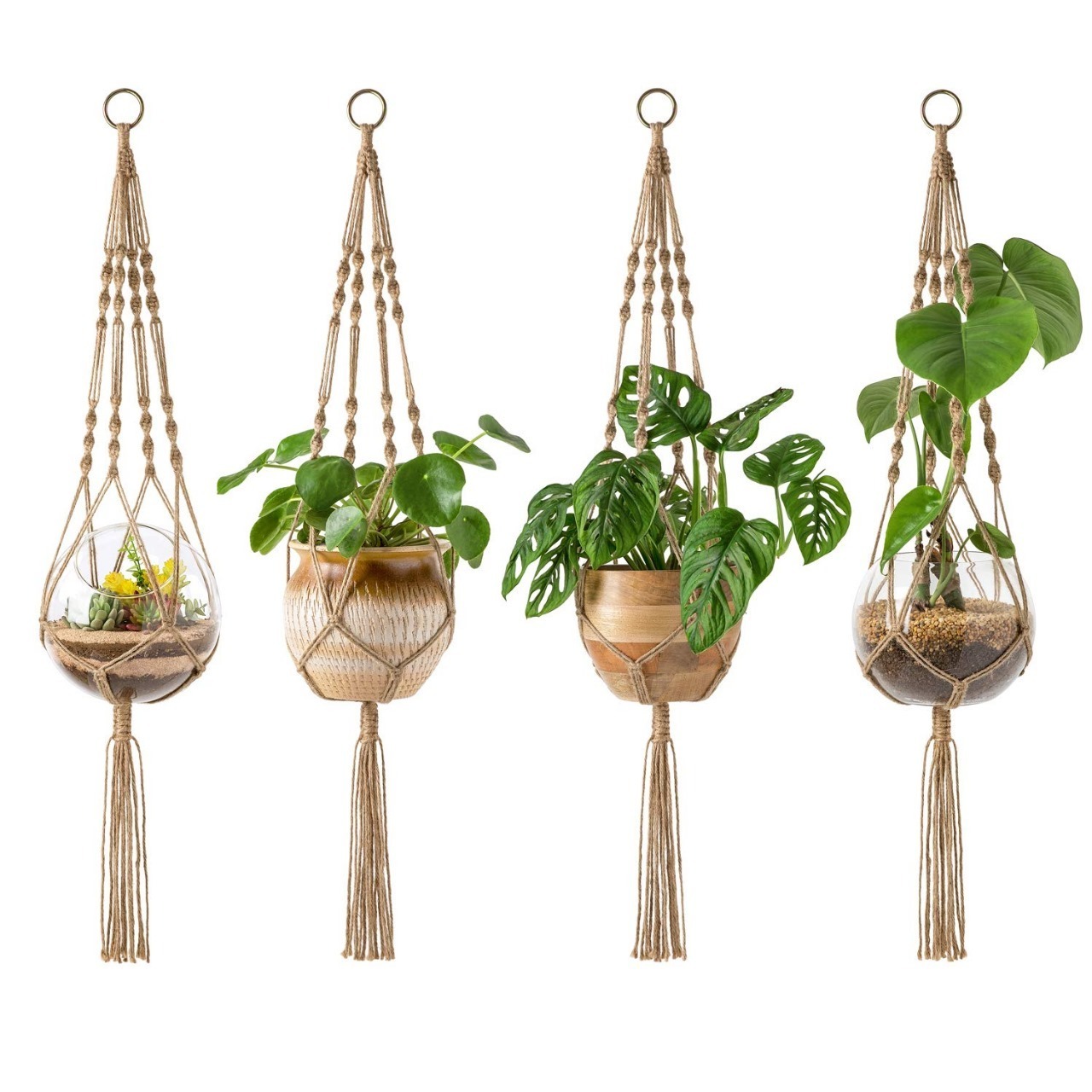 Elegant New Design Hand Knitted Decorated Flower Pots Macrame Hanging Jute Rope Plant Hanger From India