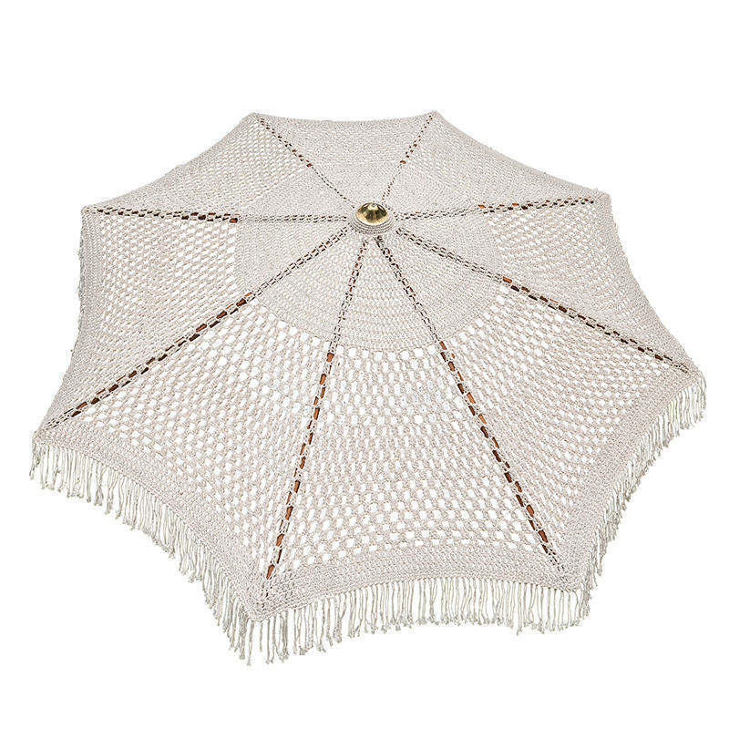 Luxury Custom Vintage Sunshade Wooden Pole Canvas Fringed Parasols Boho Macrame Garden Beach Umbrellas With Tassels