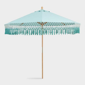 2023 Manufacturer Bohemia cotton Outdoor Patio Macrame Parasols Beach Wood Umbrella 96 Inch wooden pole European Style