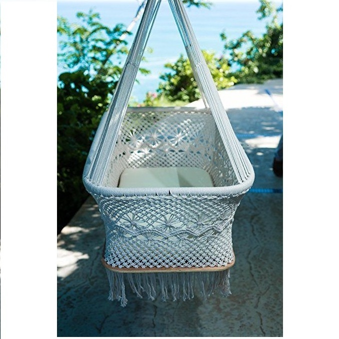 Indoor Outdoor Macrame Bassinet Boho Hanging Baby Crib Soft Cotton Rope Comfortable Hanging Swing Bed For Baby