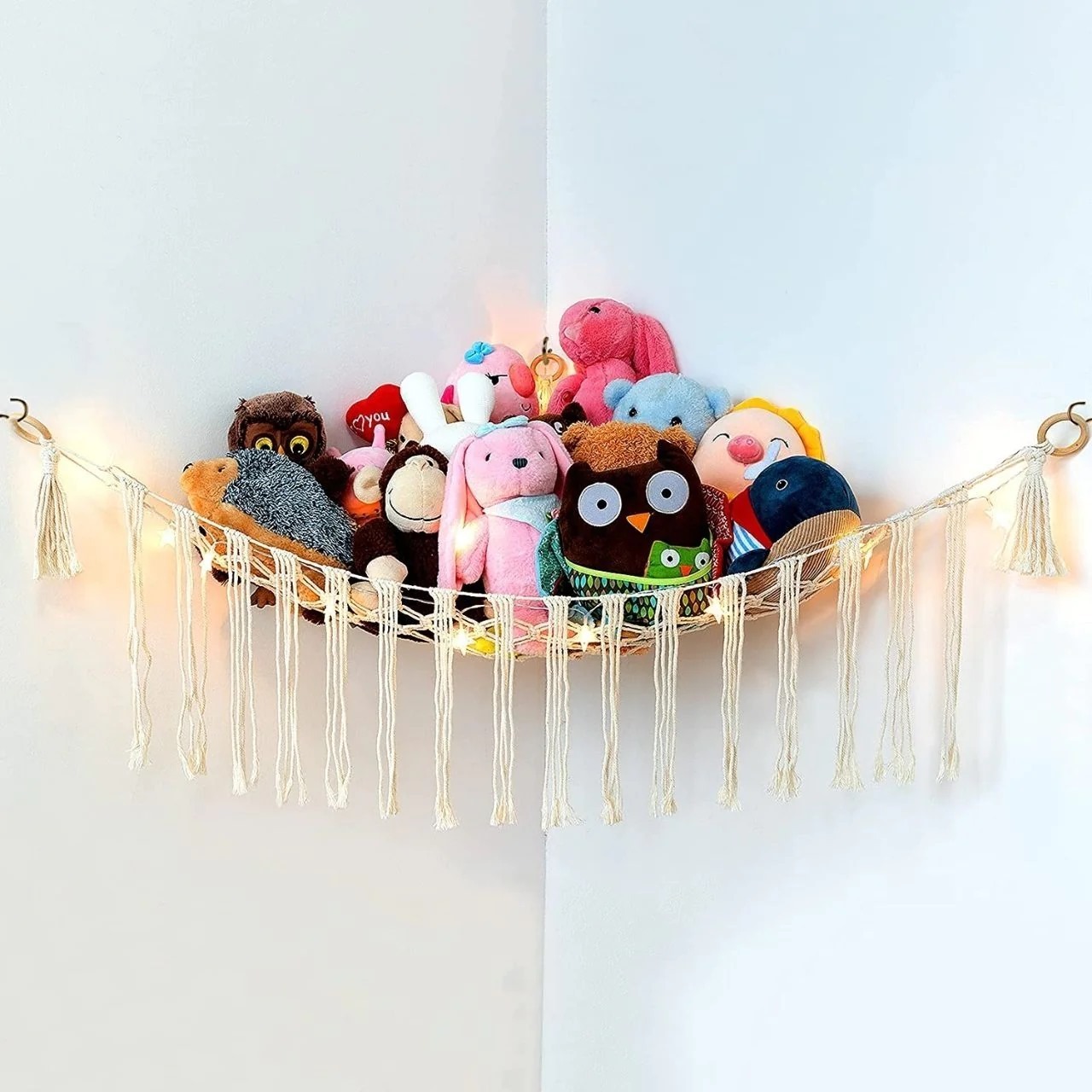 Hand Knitted Macrame Toy Holder Wall Hanging Macrame Stuffed Animal Hammock Toy Storage Macrame Wall Decor