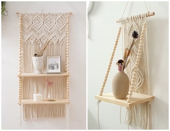 Small Double Wall Hanging Macrame Shelf Boho Shelves Organizer Hanger For Kitchen, Bathroom, Home Storage