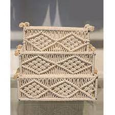 Macrame Decorative Cotton Rope Storage Basket Boho Nursery Decor Small Cute Woven Tassel Storage Bins Organizer with Wooden Bead