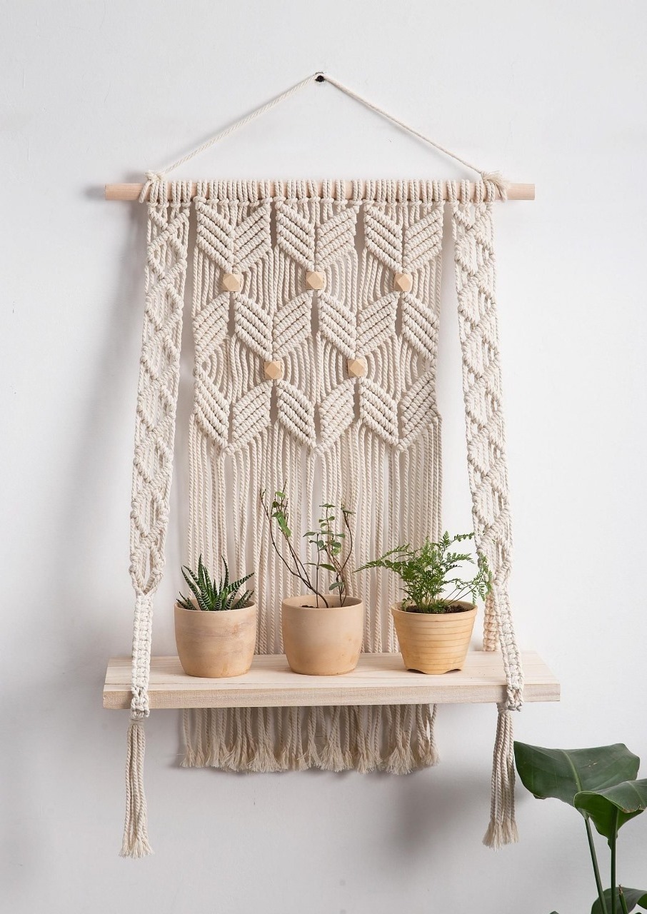 Small Double Wall Hanging Macrame Shelf Boho Shelves Organizer Hanger For Kitchen, Bathroom, Home Storage