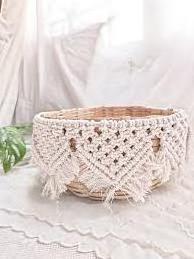 Boho Macrame Basket for Shelves Boho Toys Organizer Decor Small White Woven Cotton Rope Basket with Macrame Tassels Books Towel