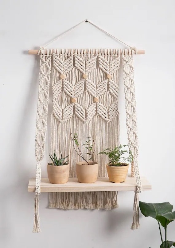 Small Double Wall Hanging Macrame Shelf Boho Shelves Organizer Hanger For Kitchen, Bathroom, Home Storage