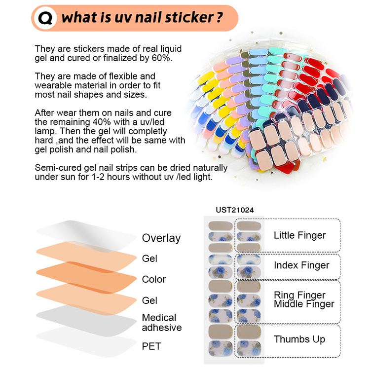 Wholesale Uv Gel Nail Wraps Luxury Uv Self Adhesive Gel False Nails Art Stickers Custom Semi Cured Gel Nail Sticker