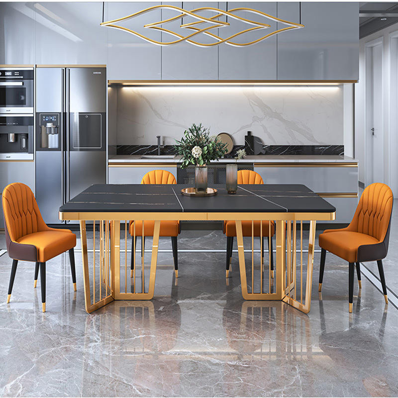 Stainless Steel Titanium Sealed Glazed Marble Dining Table Set For 8 Dining Room Furniture Table And Chair