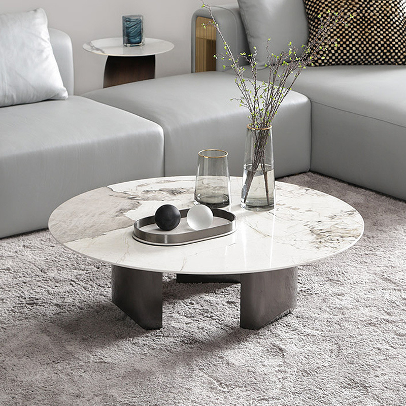 New Luxury Round Coffee Table Sets Living Room Stainless Steel Furniture Marble Glass Side Table