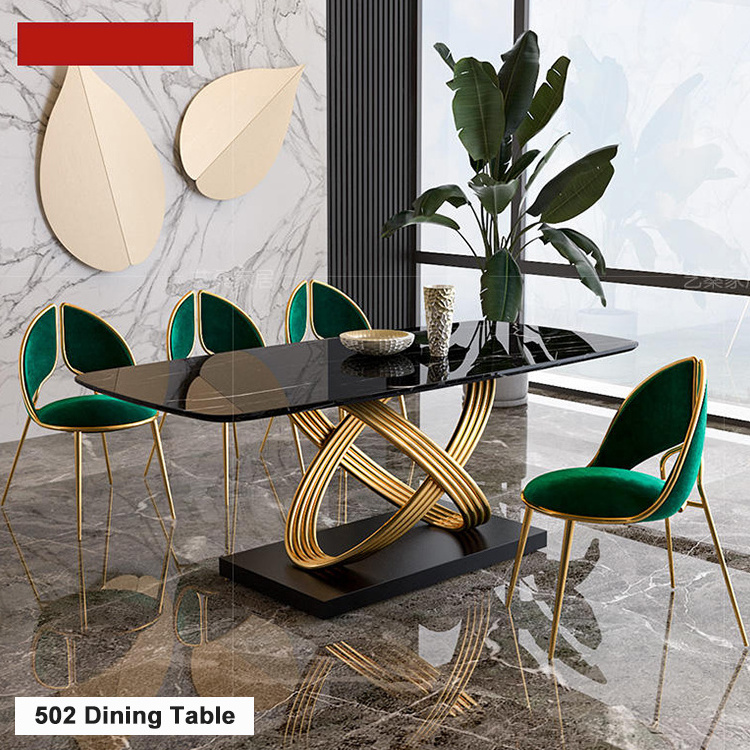 Modern Furniture 6 Chairs Stainless Steel Titanium Gold Sealing Glaze Dining Room Table