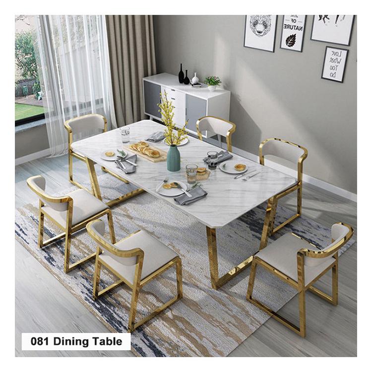 Modern Furniture 6 Chairs Stainless Steel Titanium Gold Sealing Glaze Dining Room Table