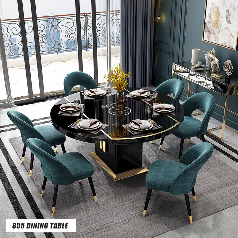 Elegant Design Golden Stainless Steel Leg Italian Luxury Marble Top Dining Table Sets Black Modern Dining Room Furniture