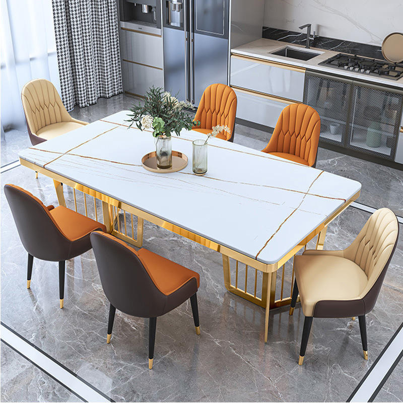 Stainless Steel Titanium Sealed Glazed Marble Dining Table Set For 8 Dining Room Furniture Table And Chair