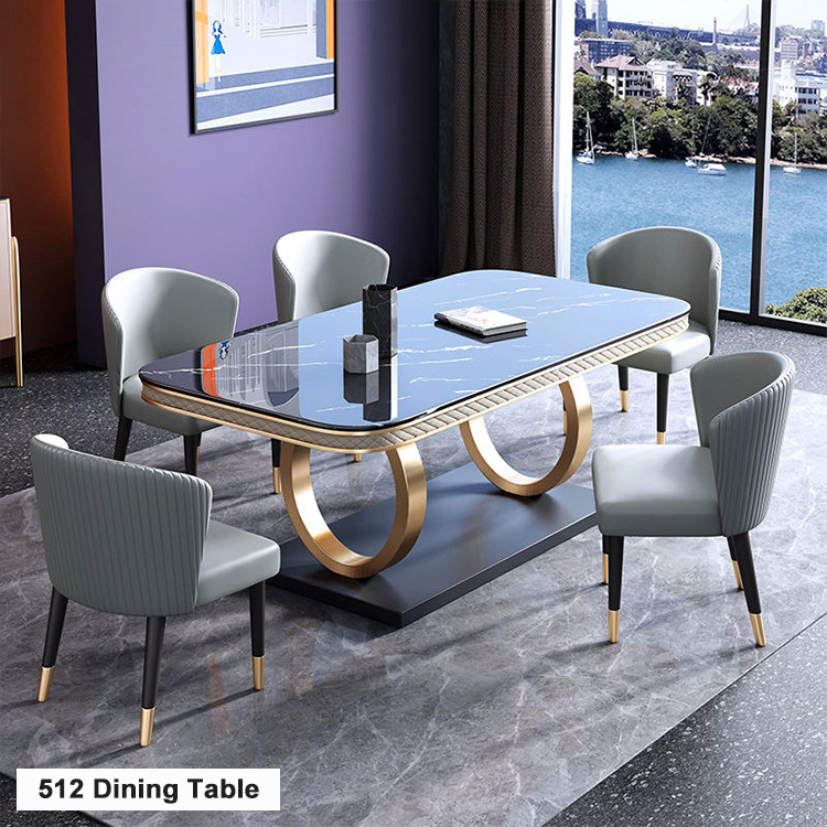 Modern Furniture 6 Chairs Stainless Steel Titanium Gold Sealing Glaze Dining Room Table