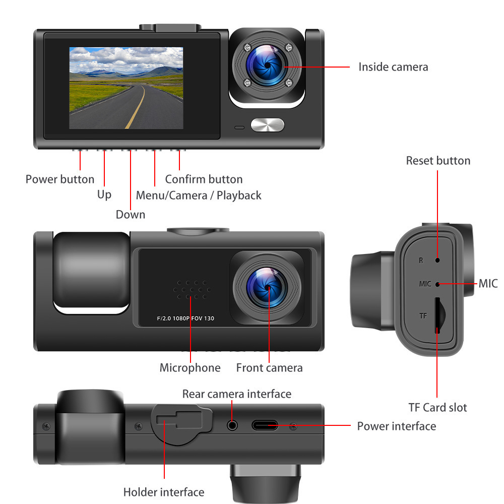 Wholesale Driving Recorder HD G-sensor IR Night Vision 3 Lens Dash Cam