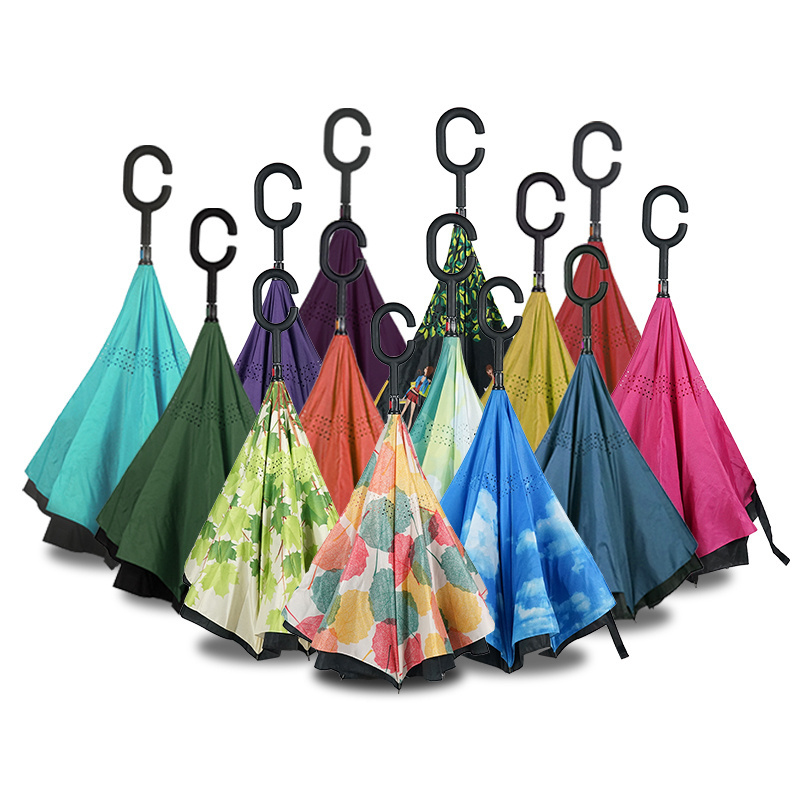 Custom Wholesale Colorful C Shape Handle Folding Outdoor Inverted Reverse Umbrella With Logo