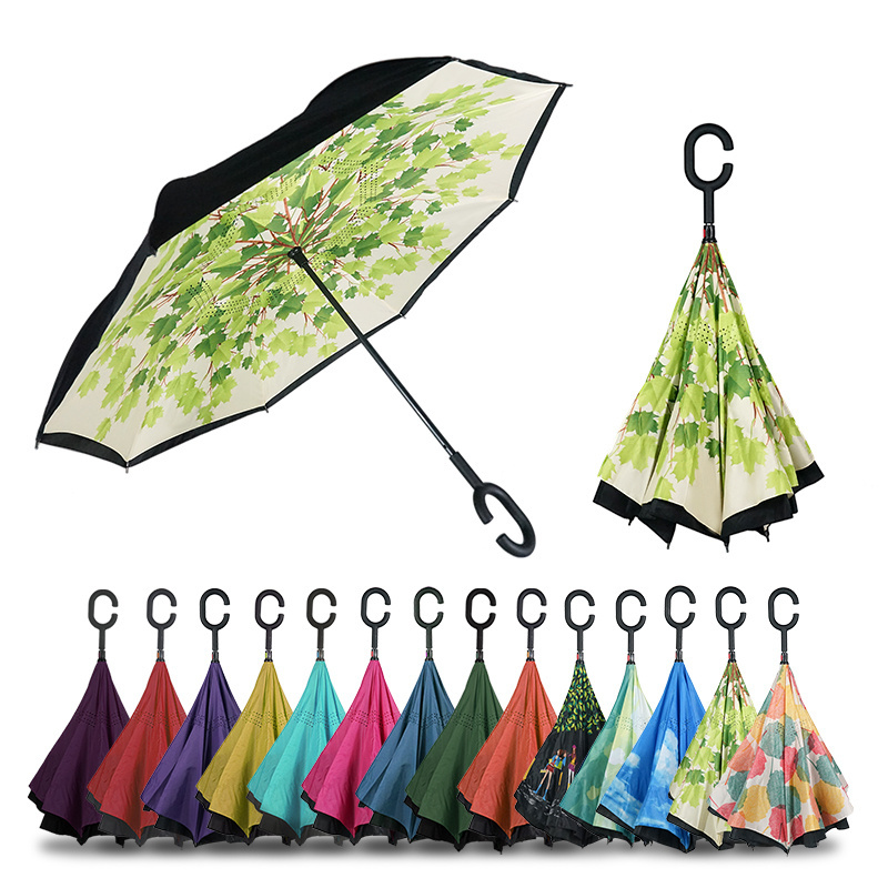 Custom Wholesale Colorful C Shape Handle Folding Outdoor Inverted Reverse Umbrella With Logo