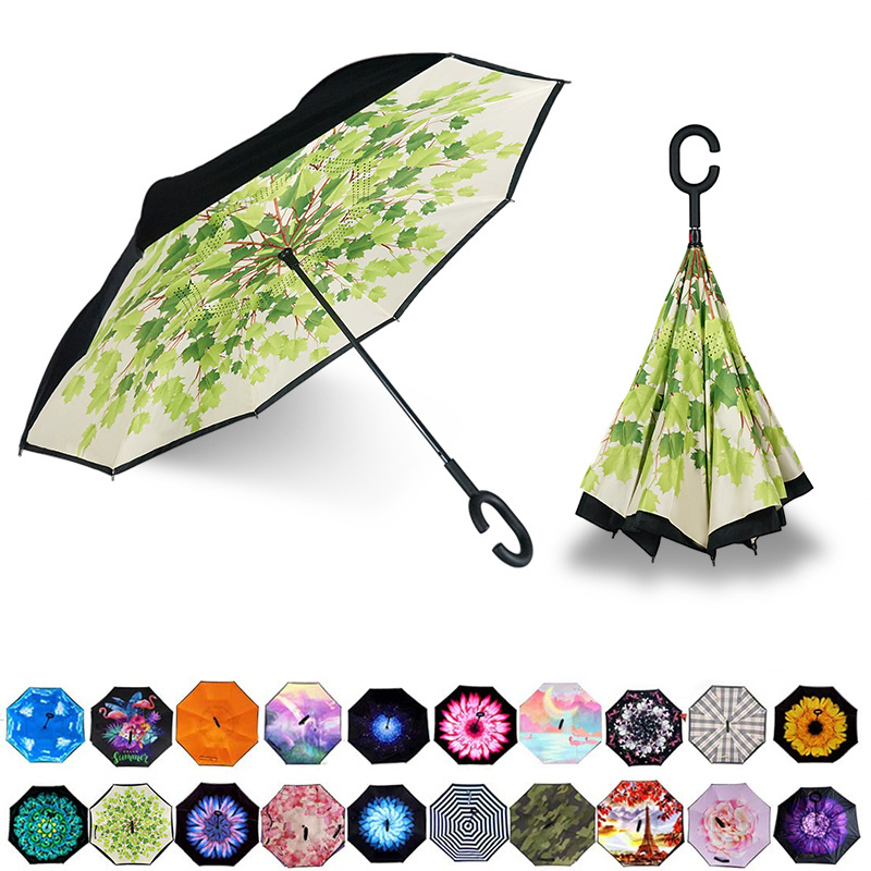 New Design Hands Free Double Layer Upside Down Reversible C Handle Umbrella For Business Gift